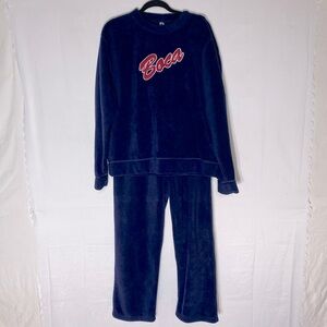 Vintage Boca Navy Blue Fleece Loungewear Set Sweatshirt & Pants L/XL Cabincore